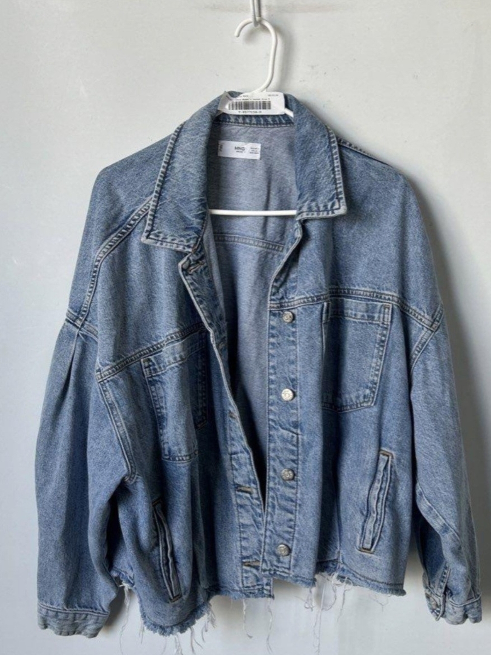 ​Mango Denim Blue Distressed Raw Hem Oversized Denim Jacket Size Small S